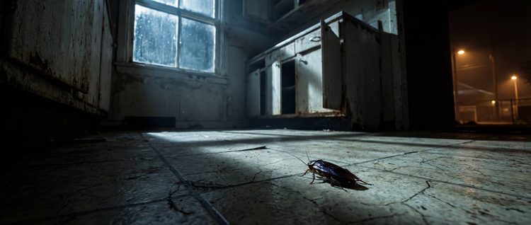 Cockroach on floor at night - cinematic low angle