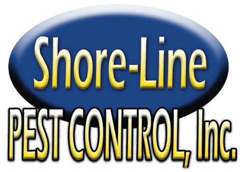 Logo of "Shore-Line Pest Control, Inc." featuring bold text in yellow and black against a distinctive blue oval backdrop.