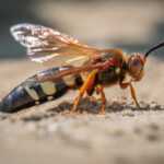 Close-up of a large Cicada Killer Wasp with translucent wings, orange legs, and black body with yellow markings, standing on a sandy surface—an important consideration for safety and pest control.