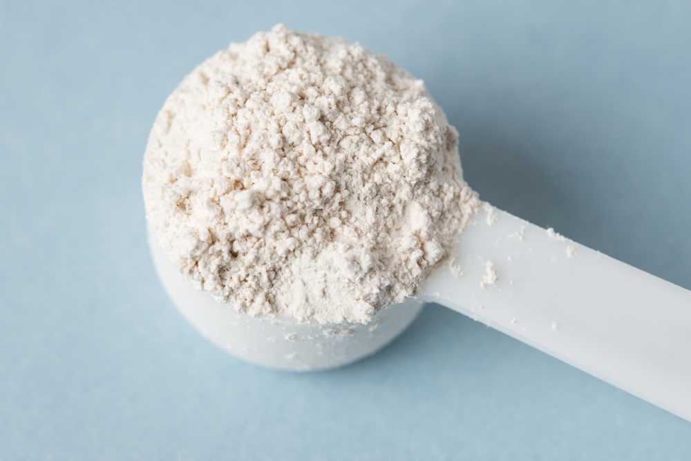 A white plastic scoop filled with fine, off-white diatomaceous earth sits on a light blue surface, ready to be used for natural flea control.