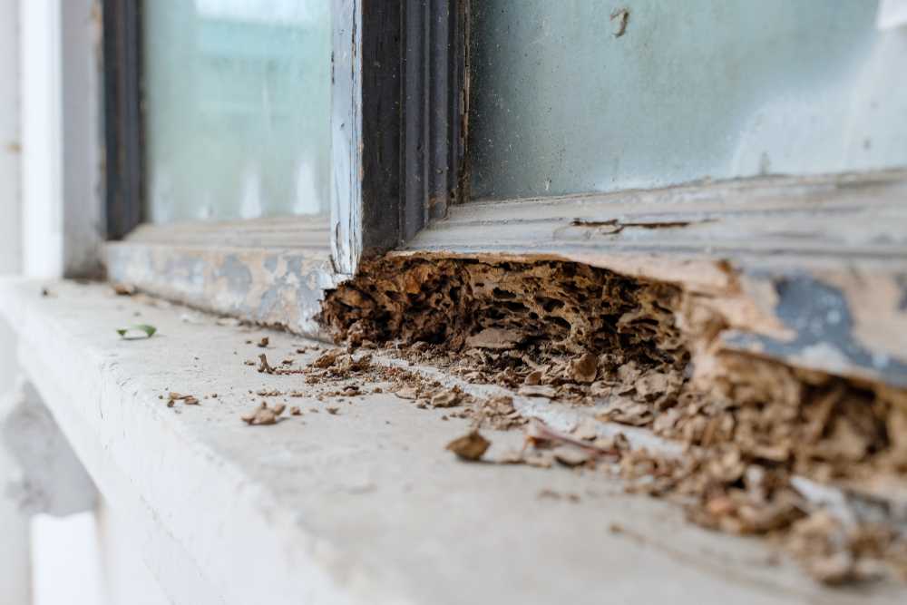 A close up of a window, highlighting signs of termite damage that can occur if termites in house are left unchecked.